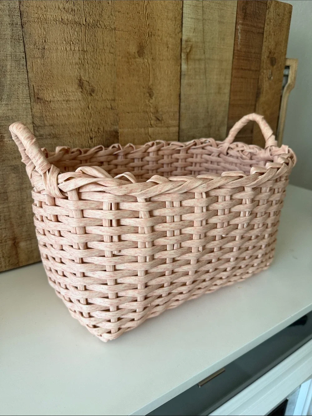 Large Pink Woven Storage Basket with Handles